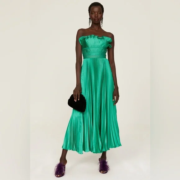 AMUR Giada Dress, Green Satin‎ Pleated, Size 2 - Picture 5 of 7